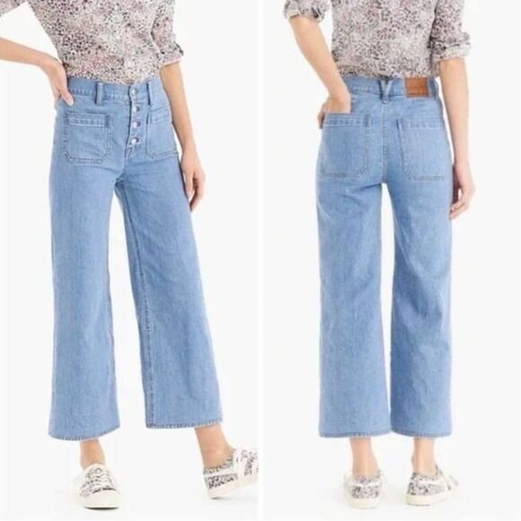 J Crew Point Sur Wide Leg Crop Clean Light Wash Stretch Raw Hem Patch Pocket - Picture 1 of 13